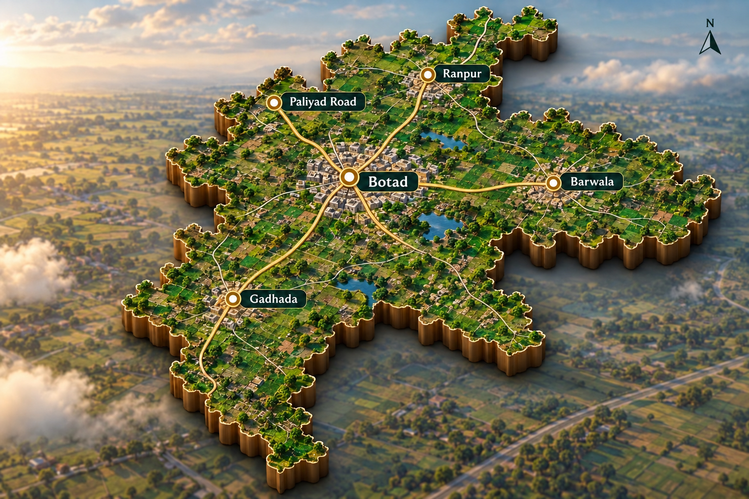 Illustrated 3D map labelled Botad, Ranpur, Barwala, Gadhada and Paliyad Road